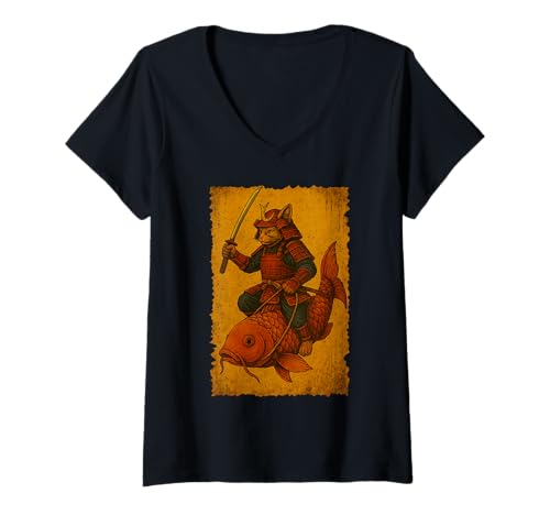 Damen Japanische Katze reitet Koi Fisch Ukiyo-e Samurai Woodblock Art T-Shirt mit V-Ausschnitt Damen Japanische Katze reitet Koi Fisch Ukiyo-e Samurai Woodblock Art T-Shirt mit V-Ausschnitt von Japanese Cat Koi Anime Fighter Warrior Vintage Art
