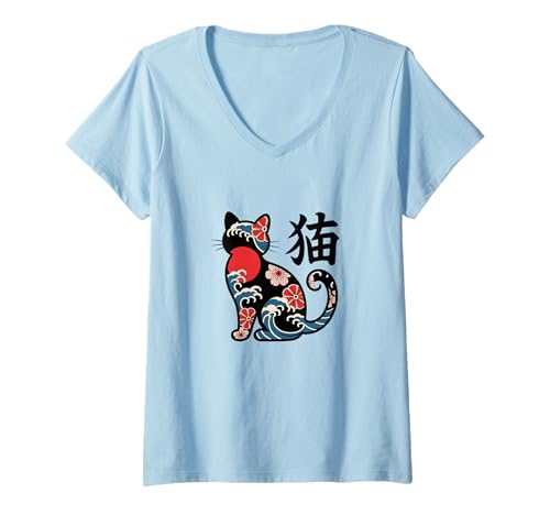 Damen Japanische Katze Neko Kanji mit traditioneller Tattoo-Kunst Sakura T-Shirt mit V-Ausschnitt Damen Japanische Katze Neko Kanji mit traditioneller Tattoo-Kunst Sakura T-Shirt mit V-Ausschnitt von Japanese Cat Neko Kanji Wave Sakura Tattoo Art