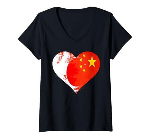 Damen Japanische und chinesische Herz-Flagge T-Shirt mit V-Ausschnitt Damen Japanische und chinesische Herz-Flagge T-Shirt mit V-Ausschnitt von Japanese Chinese Heart