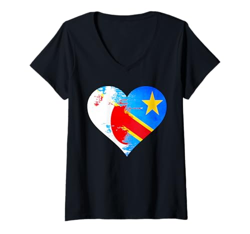 Damen Flagge des japanischen und kongolesischen Herzens T-Shirt mit V-Ausschnitt Damen Flagge des japanischen und kongolesischen Herzens T-Shirt mit V-Ausschnitt von Japanese Congolese Heart