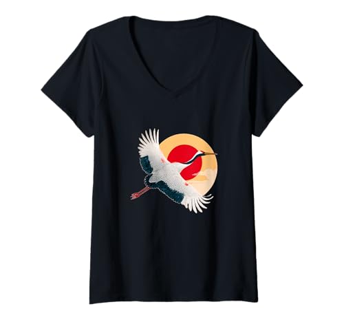 Damen Japan Kranichkostüm Flagge T-Shirt mit V-Ausschnitt Damen Japan Kranichkostüm Flagge T-Shirt mit V-Ausschnitt von Japanese Crane Outfit