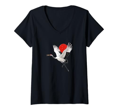 Damen Tolle japanische Flagge und Kranich für Tiere und Kranich-Fans T-Shirt mit V-Ausschnitt Damen Tolle japanische Flagge und Kranich für Tiere und Kranich-Fans T-Shirt mit V-Ausschnitt von Japanese Crane Outfit