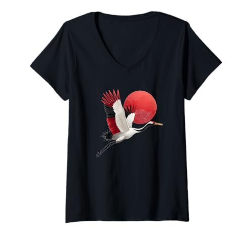 Damen Tolles Kranich-Kostüm mit japanischem rotem Mond T-Shirt mit V-Ausschnitt Damen Tolles Kranich-Kostüm mit japanischem rotem Mond T-Shirt mit V-Ausschnitt von Japanese Crane Outfit