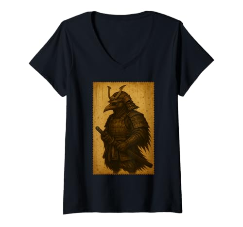 Damen Japanische Vintage Samurai Crow Anime Krieger Kämpfer Ukiyo-e T-Shirt mit V-Ausschnitt von Japanese Crow Art Japan Culture Woodblock Art