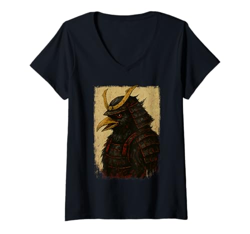 Damen Japanische Vintage Samurai Crow Anime Krieger Kämpfer Ukiyo-e T-Shirt mit V-Ausschnitt von Japanese Crow Art Japan Culture Woodblock Art