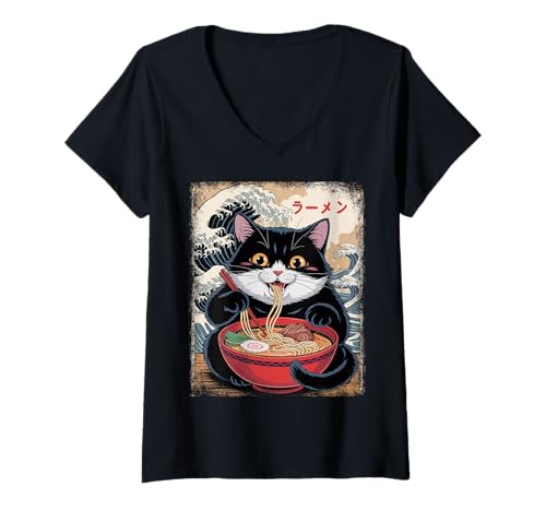 Damen Lustige Dicke Katze frisst Shoyu Ramen Tonkotsu Liebhaber Nudeln T-Shirt mit V-Ausschnitt Damen Lustige Dicke Katze frisst Shoyu Ramen Tonkotsu Liebhaber Nudeln T-Shirt mit V-Ausschnitt von Japanese Culture Food Anime Kawaii Cat