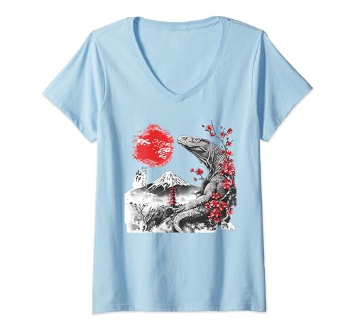 Damen Floral Wildlife Eidechse Japanische Kunst Komodo Drache T-Shirt mit V-Ausschnitt von Japanese Culture History Lover Japan