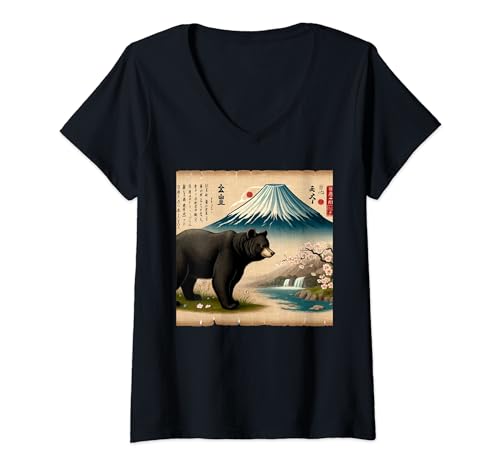 Damen Vintage Papyrus Schriftrolle Mt. Fuji Japanische Kunst Panda T-Shirt mit V-Ausschnitt von Japanese Culture History Lover Japan