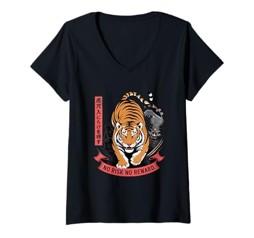 Damen Japanisches Grafikdesign Motivation Kein Risiko Keine Belohnung Japan T-Shirt mit V-Ausschnitt Damen Japanisches Grafikdesign Motivation Kein Risiko Keine Belohnung Japan T-Shirt mit V-Ausschnitt von Japanese Design Motivation No Risk No Reward Shirt