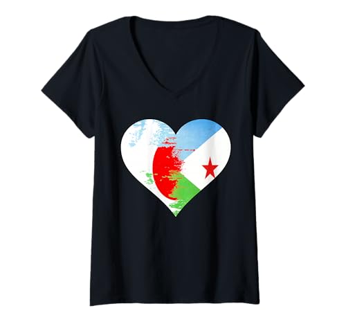 Damen Japanische und Dschibuti-Herz-Flagge T-Shirt mit V-Ausschnitt Damen Japanische und Dschibuti-Herz-Flagge T-Shirt mit V-Ausschnitt von Japanese Djiboutian Heart