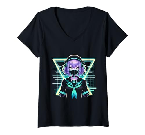 Damen Japanisches Anime-Mädchen Indie Old Aesthetic Otaku Cyberpunk T-Shirt mit V-Ausschnitt Damen Japanisches Anime-Mädchen Indie Old Aesthetic Otaku Cyberpunk T-Shirt mit V-Ausschnitt von Japanese Egirl Vaporwave Mythology Anime Manga