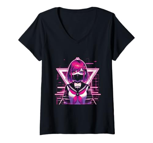 Damen Japanisches Anime-Mädchen Indie Old Aesthetic Otaku Cyberpunk T-Shirt mit V-Ausschnitt Damen Japanisches Anime-Mädchen Indie Old Aesthetic Otaku Cyberpunk T-Shirt mit V-Ausschnitt von Japanese Egirl Vaporwave Mythology Anime Manga