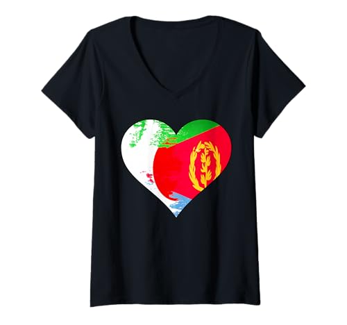 Damen Flagge des japanischen und eritreischen Herzens T-Shirt mit V-Ausschnitt von Japanese Eritrean Heart