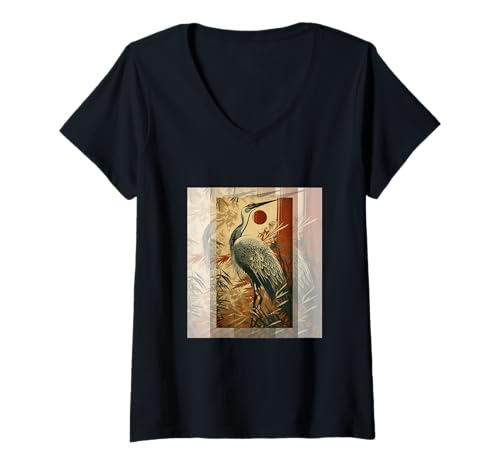 Damen Japanischer Vintage-Kranich, Bambus und Iris Japan T-Shirt mit V-Ausschnitt Damen Japanischer Vintage-Kranich, Bambus und Iris Japan T-Shirt mit V-Ausschnitt von Japanese Fine Art Crane Bamboo and Iris Japan