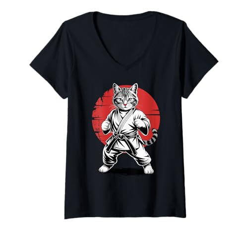 Damen Karate & Judo, Katze | Japanische Kampfsport, Japan & Katze T-Shirt mit V-Ausschnitt von Japanese Flag & Sun Themed Gifts for Men Boys Kids
