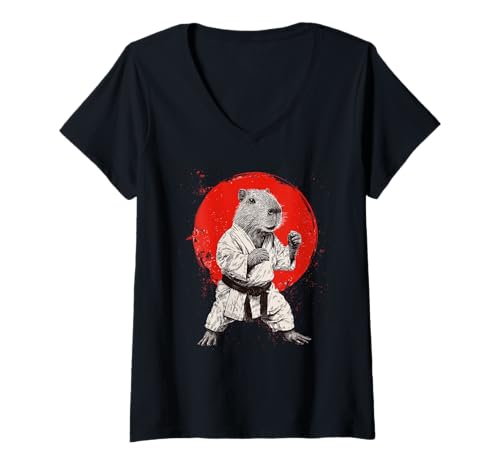 Damen Karate & Judo | Japanische Kampfkünste, Japan & Capybara T-Shirt mit V-Ausschnitt von Japanese Flag & Sun Themed Gifts for Men Boys Kids
