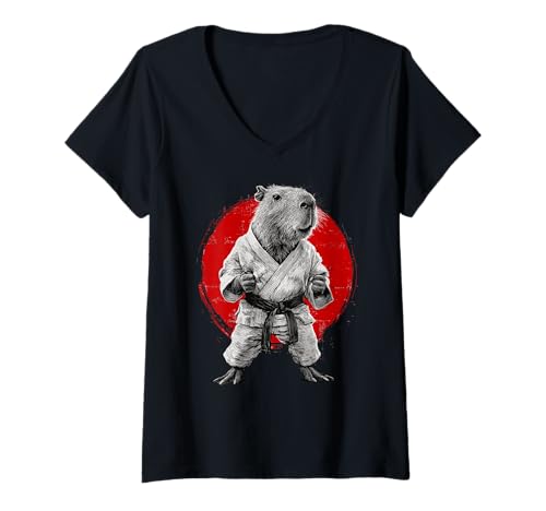 Damen Karate & Judo | Japanische Kampfkunst, Japan, Capybara T-Shirt mit V-Ausschnitt von Japanese Flag & Sun Themed Gifts for Men Boys Kids