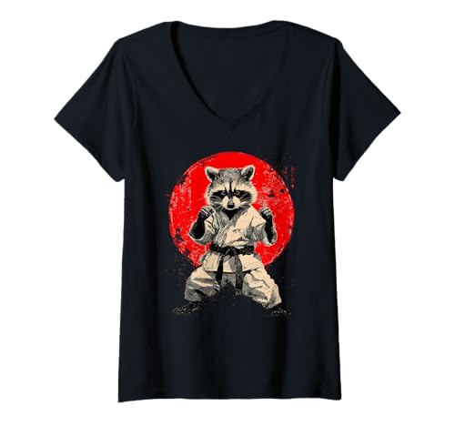 Damen Karate & Judo | Japanische Kampfkunst, Japan, Waschbär T-Shirt mit V-Ausschnitt von Japanese Flag & Sun Themed Gifts for Men Boys Kids