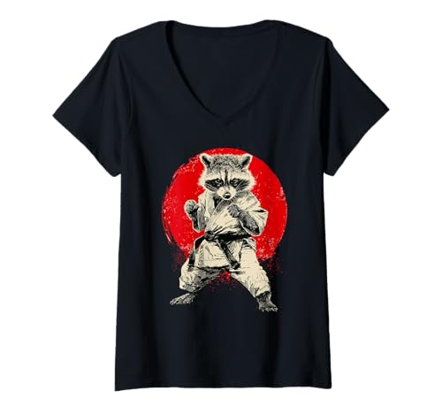 Damen Karate & Judo | Japanische Kampfkunst, Japan & Waschbär T-Shirt mit V-Ausschnitt von Japanese Flag & Sun Themed Gifts for Men Boys Kids