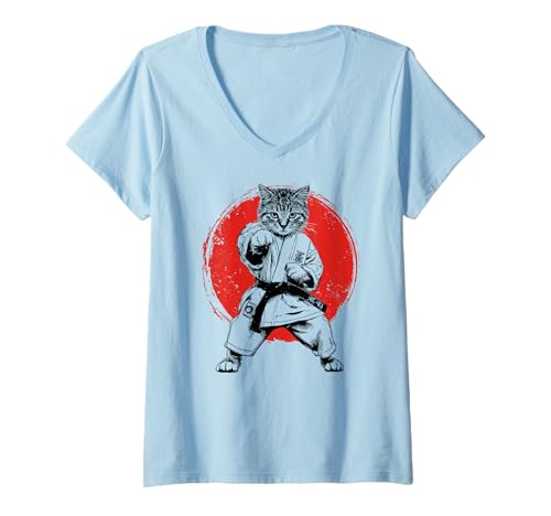 Damen Lustiges Karate & Judo | Japanische Kampfkunst, Japan & Katze T-Shirt mit V-Ausschnitt von Japanese Flag & Sun Themed Gifts for Men Boys Kids