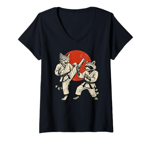 Damen Karate, Katze | Japanische Kampfsport, Japan | Waschbär & Katze T-Shirt mit V-Ausschnitt von Japanese Flag & Sun Themed Gifts for Men & Women