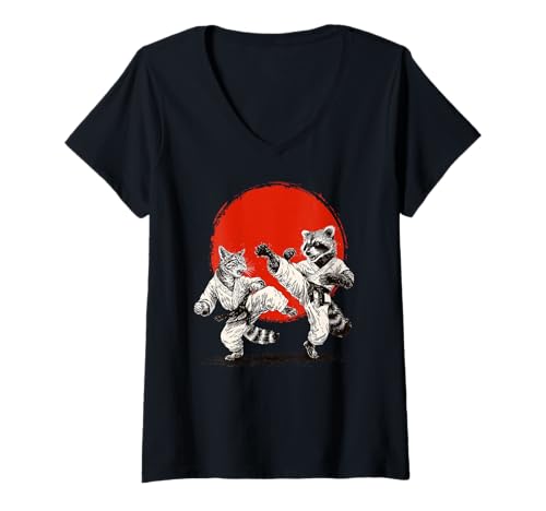 Damen Karate | Japanische Kampfsport, Japan | Katze & Waschbär T-Shirt mit V-Ausschnitt von Japanese Flag & Sun Themed Gifts for Men & Women