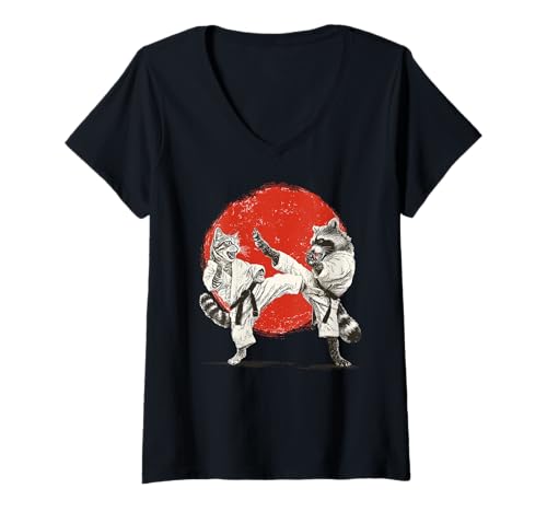 Damen Lustiges Karate, Katze & Waschbär | Japanische Kampfkünste, Japan T-Shirt mit V-Ausschnitt von Japanese Flag & Sun Themed Gifts for Men & Women