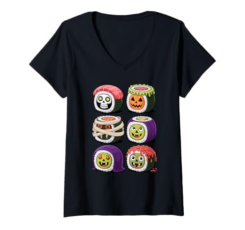 Damen Halloween Sushi Japanisches Essen Skelett Hexe Mumie T-Shirt mit V-Ausschnitt von Japanese Food Lover Gifts