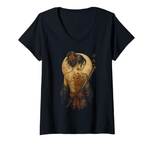 Damen Japanische Samurai Kriegerin Geisha T-Shirt mit V-Ausschnitt Damen Japanische Samurai Kriegerin Geisha T-Shirt mit V-Ausschnitt von Japanese Girl Warriors