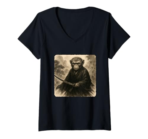 Damen AFFE Samurai Krieger Katana Kimono Zen Sumi-E Vintage T-Shirt mit V-Ausschnitt Damen AFFE Samurai Krieger Katana Kimono Zen Sumi-E Vintage T-Shirt mit V-Ausschnitt von Japanese Guardian Ninja Swordsmanship Traditional