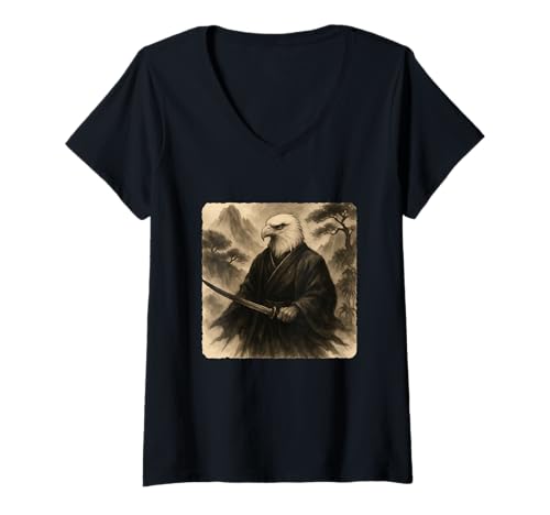 Damen Adler Samurai Krieger Katana Kimono Zen Sumi-E Vintage T-Shirt mit V-Ausschnitt Damen Adler Samurai Krieger Katana Kimono Zen Sumi-E Vintage T-Shirt mit V-Ausschnitt von Japanese Guardian Ninja Swordsmanship Traditional
