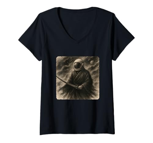 Damen Astronaut Samurai Krieger Katana Kimono Zen Sumi-E Vintage T-Shirt mit V-Ausschnitt Damen Astronaut Samurai Krieger Katana Kimono Zen Sumi-E Vintage T-Shirt mit V-Ausschnitt von Japanese Guardian Ninja Swordsmanship Traditional