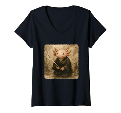 Damen Axolotl Samurai Warrior Katana Kimono Zen Sumi-E Vintage T-Shirt mit V-Ausschnitt Damen Axolotl Samurai Warrior Katana Kimono Zen Sumi-E Vintage T-Shirt mit V-Ausschnitt von Japanese Guardian Ninja Swordsmanship Traditional