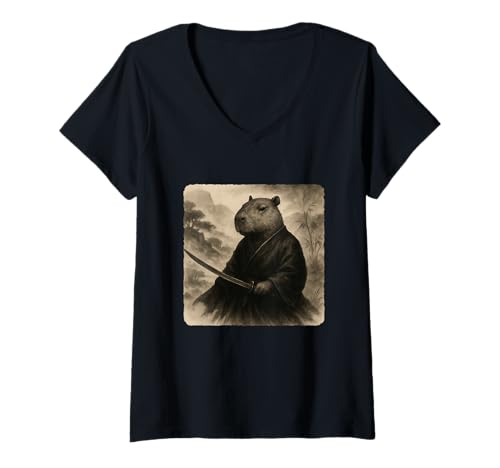 Damen Capybara Samurai Warrior Katana Kimono Zen Sumi-E Vintage T-Shirt mit V-Ausschnitt Damen Capybara Samurai Warrior Katana Kimono Zen Sumi-E Vintage T-Shirt mit V-Ausschnitt von Japanese Guardian Ninja Swordsmanship Traditional