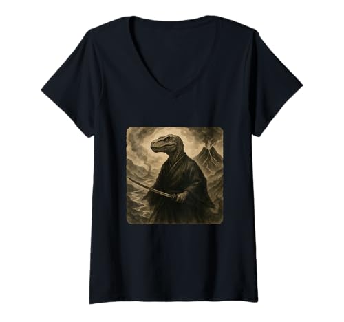 Damen Dinosaurier Samurai Krieger Katana Kimono Zen Sumi-E Vintage T-Shirt mit V-Ausschnitt Damen Dinosaurier Samurai Krieger Katana Kimono Zen Sumi-E Vintage T-Shirt mit V-Ausschnitt von Japanese Guardian Ninja Swordsmanship Traditional