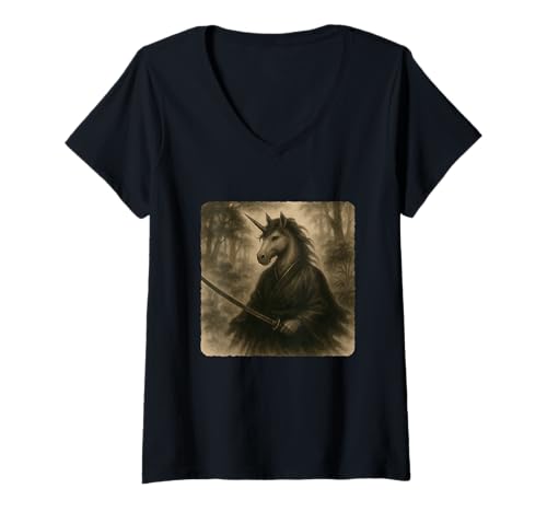 Damen Einhorn Samurai Krieger Katana Kimono Zen Sumi-E Vintage T-Shirt mit V-Ausschnitt Damen Einhorn Samurai Krieger Katana Kimono Zen Sumi-E Vintage T-Shirt mit V-Ausschnitt von Japanese Guardian Ninja Swordsmanship Traditional