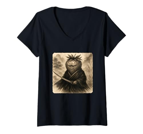 Damen Erdbeer-Samurai-Krieger Katana Kimono Zen Sumi-E Vintage T-Shirt mit V-Ausschnitt Damen Erdbeer-Samurai-Krieger Katana Kimono Zen Sumi-E Vintage T-Shirt mit V-Ausschnitt von Japanese Guardian Ninja Swordsmanship Traditional