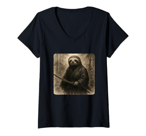 Damen Faultier Samurai Krieger Katana Kimono Zen Sumi-E Vintage T-Shirt mit V-Ausschnitt Damen Faultier Samurai Krieger Katana Kimono Zen Sumi-E Vintage T-Shirt mit V-Ausschnitt von Japanese Guardian Ninja Swordsmanship Traditional
