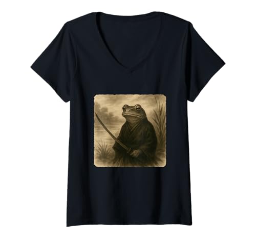 Damen Frosch Samurai Krieger Katana Kimono Zen Sumi-E Vintage T-Shirt mit V-Ausschnitt Damen Frosch Samurai Krieger Katana Kimono Zen Sumi-E Vintage T-Shirt mit V-Ausschnitt von Japanese Guardian Ninja Swordsmanship Traditional