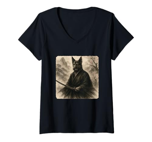 Damen Hund Samurai Warrior Katana Kimono Zen Sumi-E Vintage T-Shirt mit V-Ausschnitt Damen Hund Samurai Warrior Katana Kimono Zen Sumi-E Vintage T-Shirt mit V-Ausschnitt von Japanese Guardian Ninja Swordsmanship Traditional
