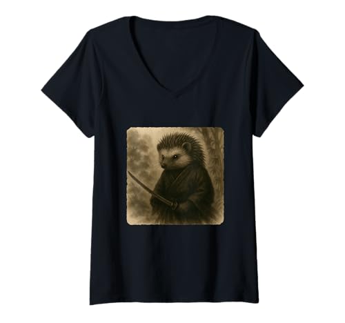 Damen Igel Samurai Krieger Katana Kimono Zen Sumi-E Vintage T-Shirt mit V-Ausschnitt von Japanese Guardian Ninja Swordsmanship Traditional