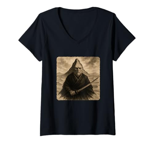 Damen Katana Kimono Zen Sumi-E Vintage, Bergsamurai-Kimono T-Shirt mit V-Ausschnitt Damen Katana Kimono Zen Sumi-E Vintage, Bergsamurai-Kimono T-Shirt mit V-Ausschnitt von Japanese Guardian Ninja Swordsmanship Traditional