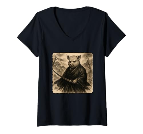Damen Katana Kimono Zen Sumi-E im Vintage-Stil mit Samurai-Krieger T-Shirt mit V-Ausschnitt Damen Katana Kimono Zen Sumi-E im Vintage-Stil mit Samurai-Krieger T-Shirt mit V-Ausschnitt von Japanese Guardian Ninja Swordsmanship Traditional