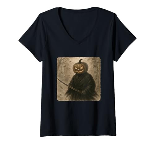 Damen Kürbis Samurai Krieger Katana Kimono Zen Sumi-E Vintage T-Shirt mit V-Ausschnitt Damen Kürbis Samurai Krieger Katana Kimono Zen Sumi-E Vintage T-Shirt mit V-Ausschnitt von Japanese Guardian Ninja Swordsmanship Traditional