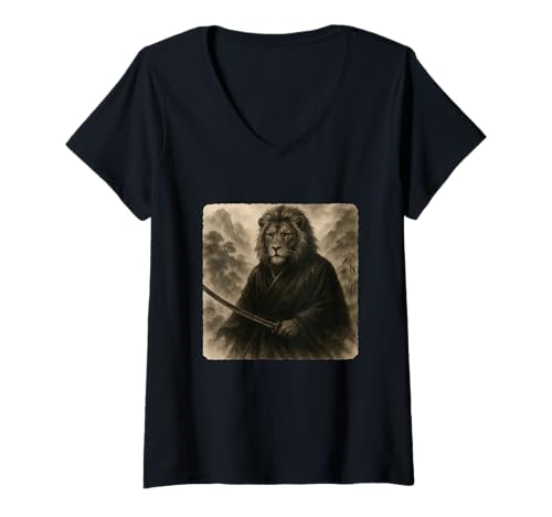 Damen Löwe Samurai Krieger Katana Kimono Zen Sumi-E Vintage T-Shirt mit V-Ausschnitt Damen Löwe Samurai Krieger Katana Kimono Zen Sumi-E Vintage T-Shirt mit V-Ausschnitt von Japanese Guardian Ninja Swordsmanship Traditional