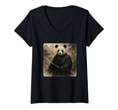 Damen Panda Samurai Warrior Katana Kimono Zen Sumi-E Vintage T-Shirt mit V-Ausschnitt von Japanese Guardian Ninja Swordsmanship Traditional
