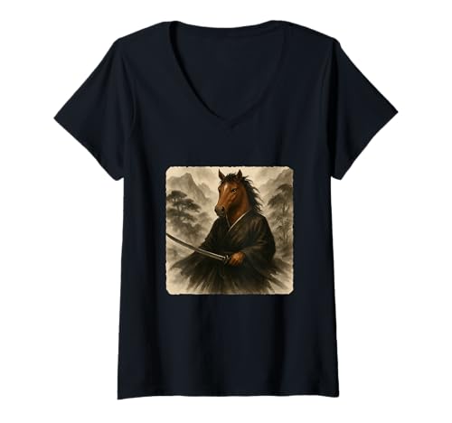 Damen Pferd Samurai Krieger Katana Kimono Zen Sumi-E Vintage T-Shirt mit V-Ausschnitt Damen Pferd Samurai Krieger Katana Kimono Zen Sumi-E Vintage T-Shirt mit V-Ausschnitt von Japanese Guardian Ninja Swordsmanship Traditional