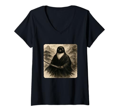 Damen Pinguin Samurai Krieger Katana Kimono Zen Sumi-E Vintage T-Shirt mit V-Ausschnitt Damen Pinguin Samurai Krieger Katana Kimono Zen Sumi-E Vintage T-Shirt mit V-Ausschnitt von Japanese Guardian Ninja Swordsmanship Traditional