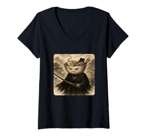 Damen Ramen-Schale Samurai Warrior Katana Kimono Zen Sumi-E Vintage T-Shirt mit V-Ausschnitt von Japanese Guardian Ninja Swordsmanship Traditional