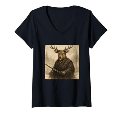 Damen Rentier Samurai Krieger Katana Kimono Zen Sumi-E Vintage T-Shirt mit V-Ausschnitt Damen Rentier Samurai Krieger Katana Kimono Zen Sumi-E Vintage T-Shirt mit V-Ausschnitt von Japanese Guardian Ninja Swordsmanship Traditional